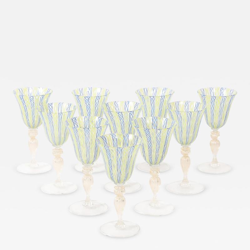 Set of 8 Hand Blown Murano Latticino Blue Chartreuse Wine Glasses W 24K Gold