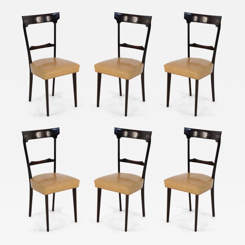 Set of 8 Ico Parisi Italian Mid Century Mahogany Frame and Yellow Alligator Upho