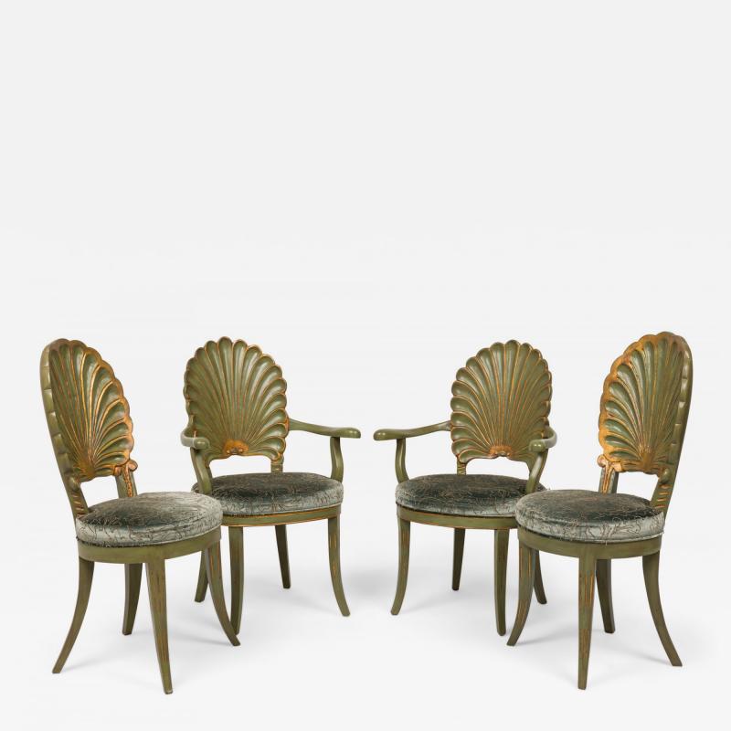 Set of 8 Italian Grotto Mid Century Carved Wood Green Upholstered Shellback Dini
