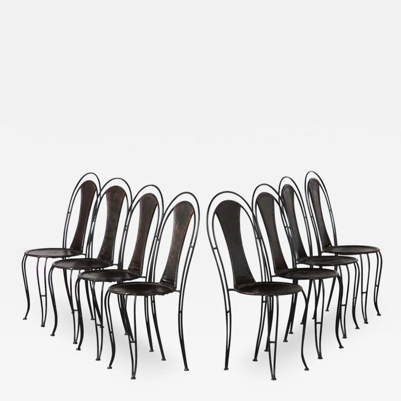 Set of 8 Italian Leather and Metal Bistro Dining Chairs Circa 1960