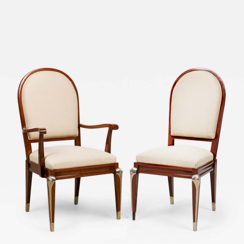 Set of 8 Jean Pascaud French Mid Century Mahogany and Silvered Bronze Upholstere