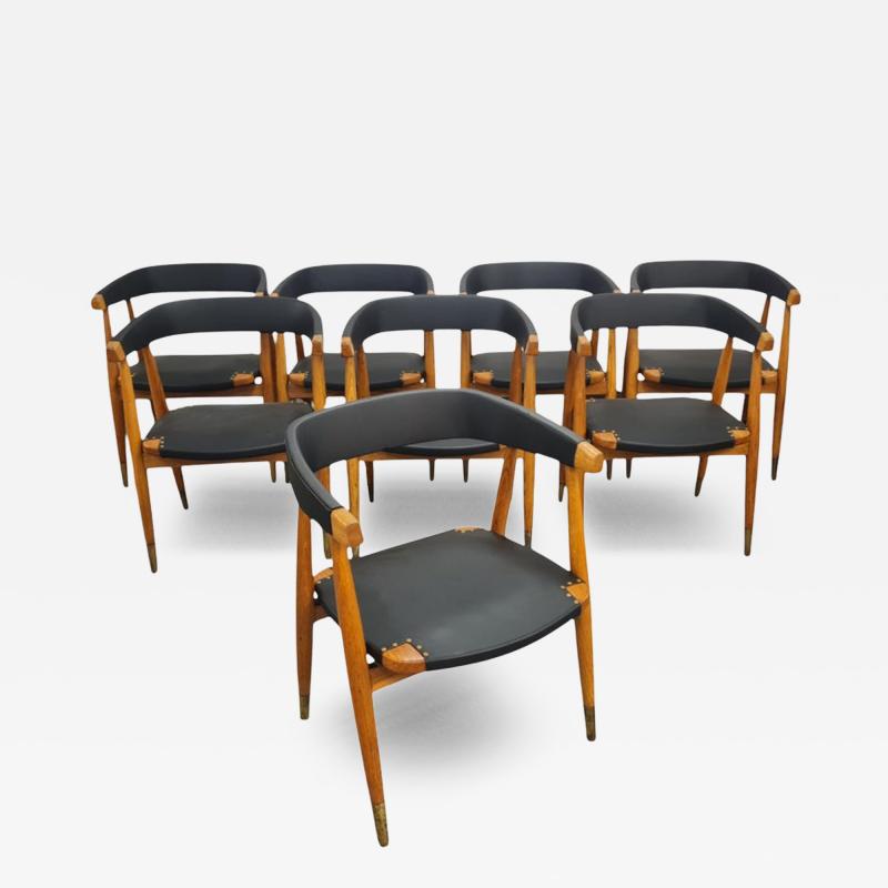 Set of 8 Lasse Ollinkari Dining Chairs in Black Leather Finland 1950s