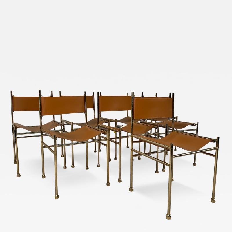 Set of 8 Mid Century Italian Leather and Brass Dining Chairs 1980s