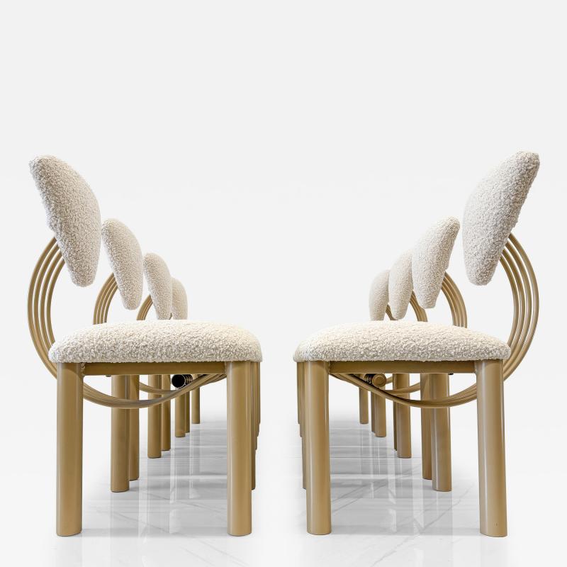 Set of 8 Post Modern Dining Chairs Powder Coated Tan and Ivory Boucle 1980s