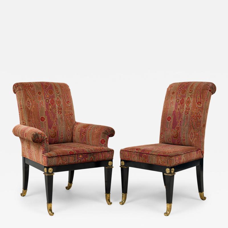 Set of 8 Russian Lacquered Bronze Mounted and Red Upholstered Dining Chairs