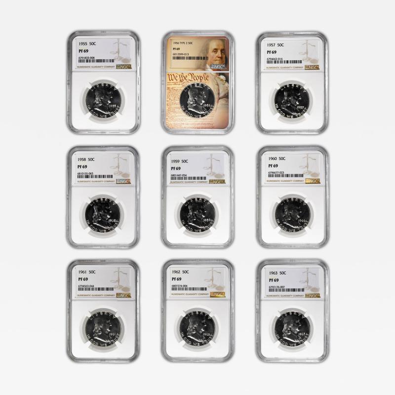 Set of 9 1955 1963 50C Franklin Half Dollars NGC PF 69