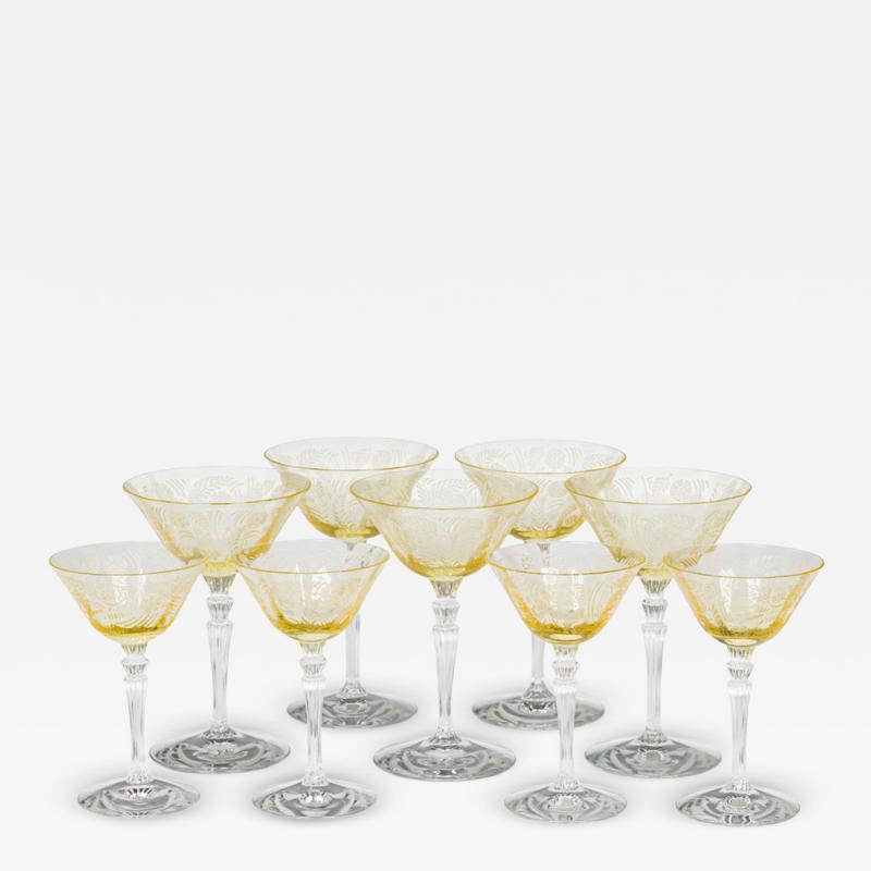 Set of 9 Topaz Floral Etched Glass Waterfall Stem Champagne and Cordial Glasses