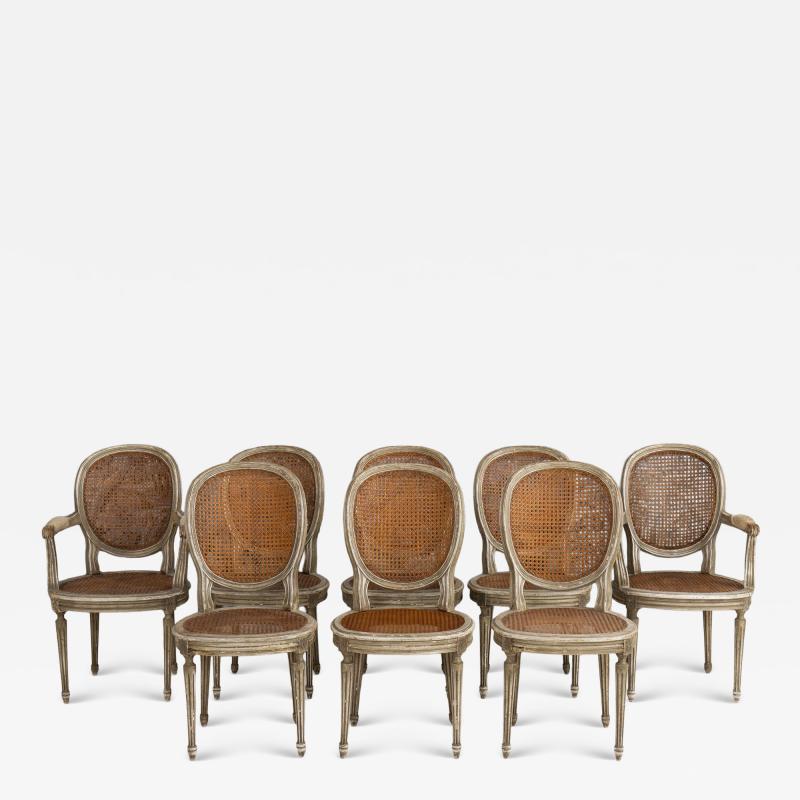 Set of Eight 19th c French Louis XVI Oval Back Cane Chairs in Original Paint