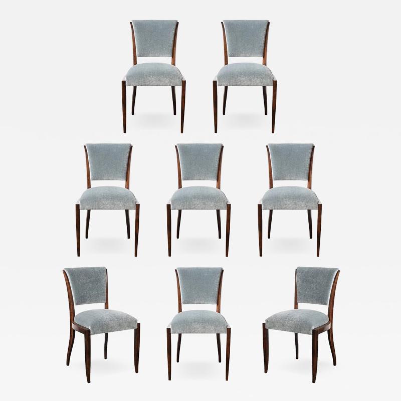 Set of Eight Art Deco Sculptural Walnut Dining Chairs in Plush Mohair Upholstery