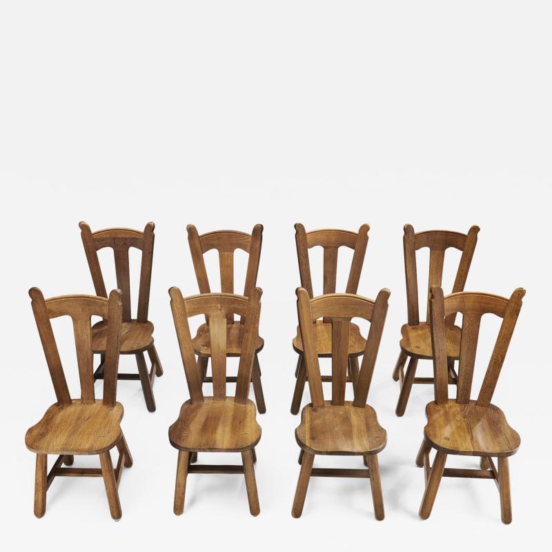 Set of Eight Belgian Brutalist Oak Dining Chairs Belgium 1970s