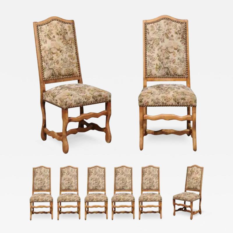 Set of Eight French Louis XIII Style Os de Mouton Dining Chairs with Tapestry