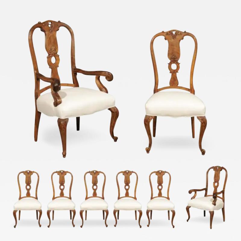 Set of Eight French Rococo Style 19th Century Upholstered Walnut Dining Chairs