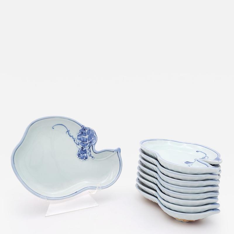 Set of Eight Gourd Shaped Japanese Dishes in Blue and White Vintage