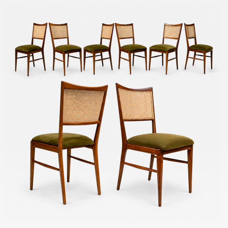 Set of Eight Modern Dining Chairs in Cavi na Cane Olive Mohair 1960s