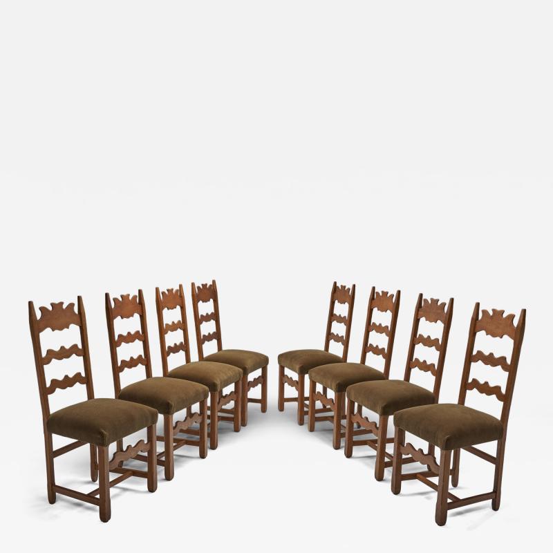Set of Eight Oak Dining Chairs with Green Mohair Upholstery Europe 1960s