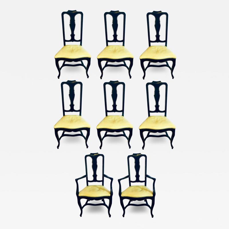 Set of Eight Queen Anne Style Ebonized and Gilt Decorated Dining Chairs