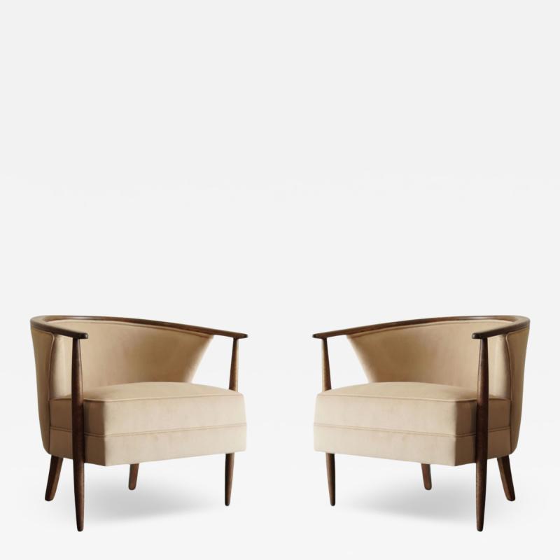 Set of Exposed Walnut Framework Barrel Lounge Chairs C 1950s