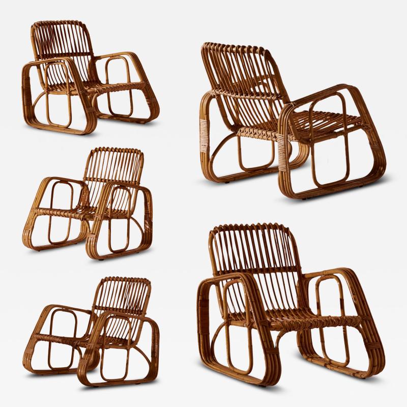 Set of Five Armchairs in Bent Wicker and Bamboo by Dal Vera Italy 1960s