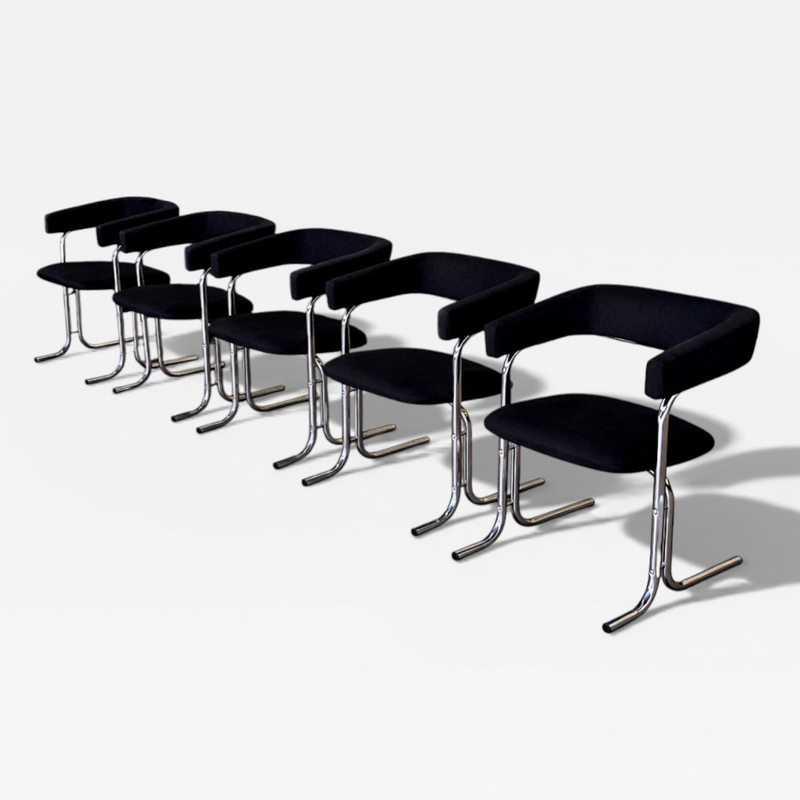 Set of Five Armchairs in Chrome and Black Fabric Pozza Moveis 1960s