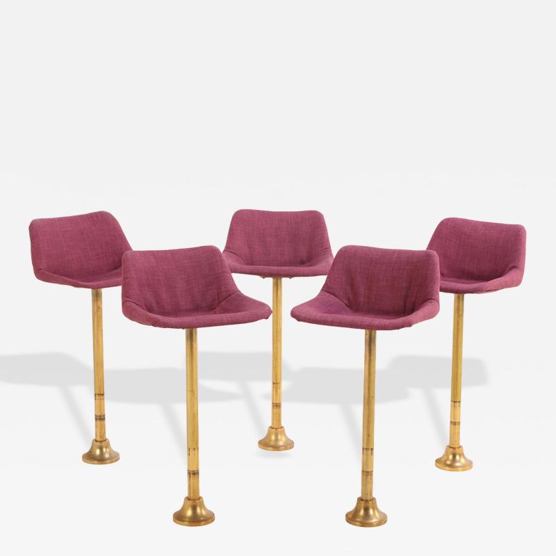 Set of Five Rotating Bronze Bar Stools with Upholstered Seats C 1960