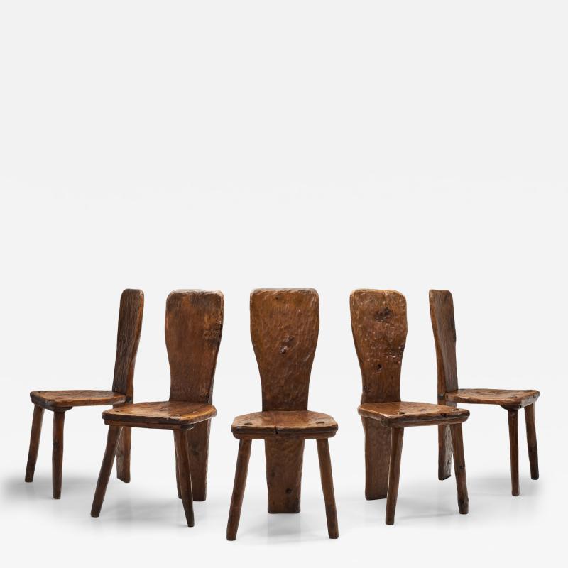 Set of Five Solid Plank Back Dining Chairs Europe Mid 20th Century