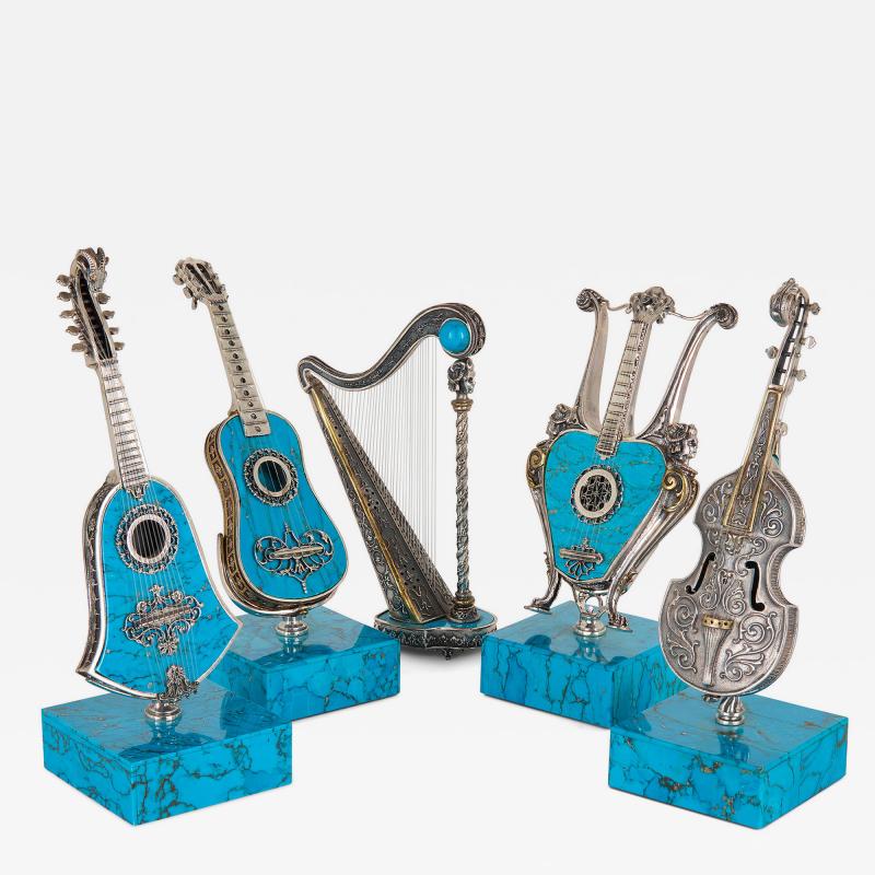 Set of Five Spanish Turquoise and Silver Miniature Musical Instruments