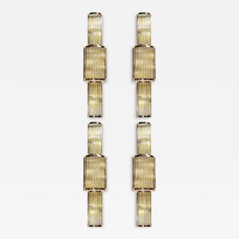Set of Four Art Deco Style 3 Tier Polished Brass Murano Mixed Glass Rod Sconces