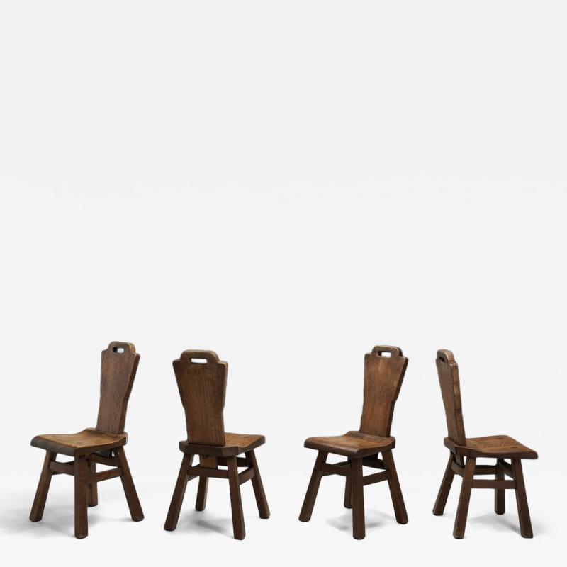 Set of Four Belgian Brutalist Chairs in Heavy Oak Belgium 1970s