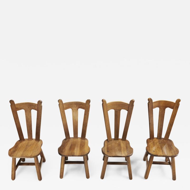 Set of Four Belgian Brutalist Oak Dining Chairs Belgium 1970s