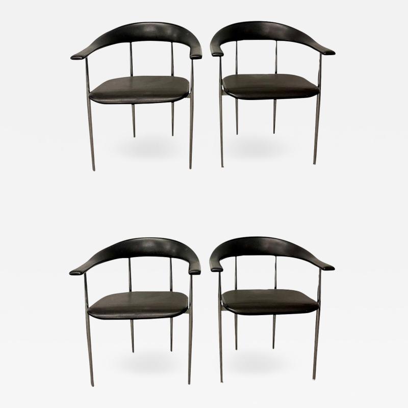 Set of Four Black Chrome Italian Dining Arm Side Chairs 1970s