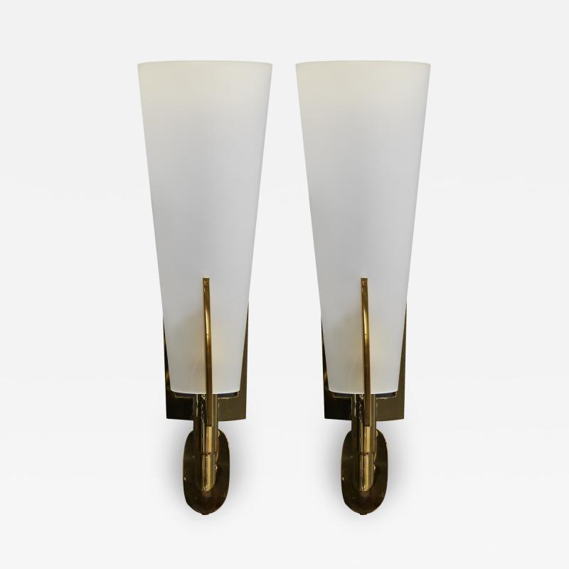 Set of Four Brass Wall Sconces with Tall Frosted Glass Cones