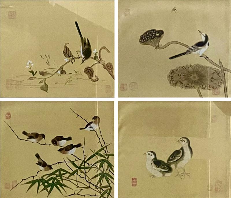 Set of Four Framed Chinese Silk Flower and Bird Paintings