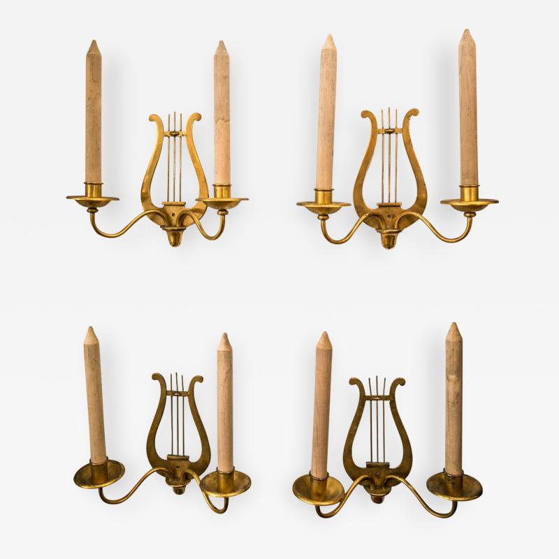 Set of Four Gilt Metal Candle Sconces with Wooden Faux Candles