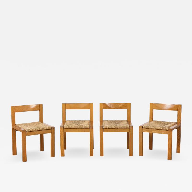 Set of Four Italian 1950s Oak and Rush Seat Dining Chairs