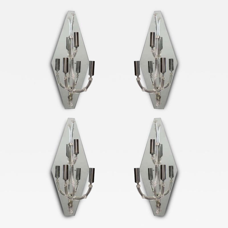 Set of Four Large Murano Glass and Mirror Wall Lights Sconces Italy 1950s