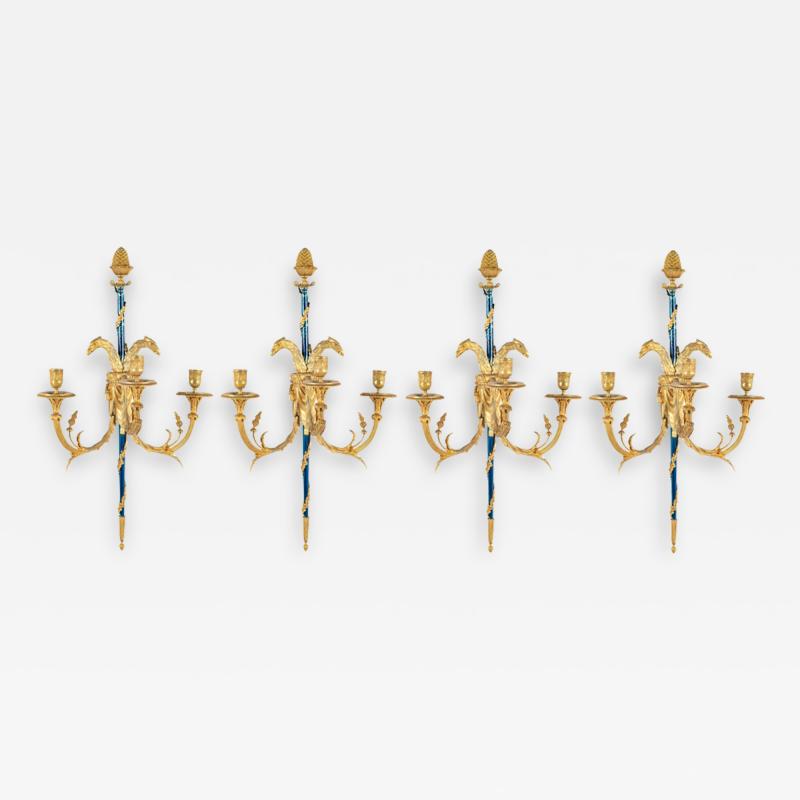 Set of Four Louis XVI Bronze and Cobalt Blue Sconces