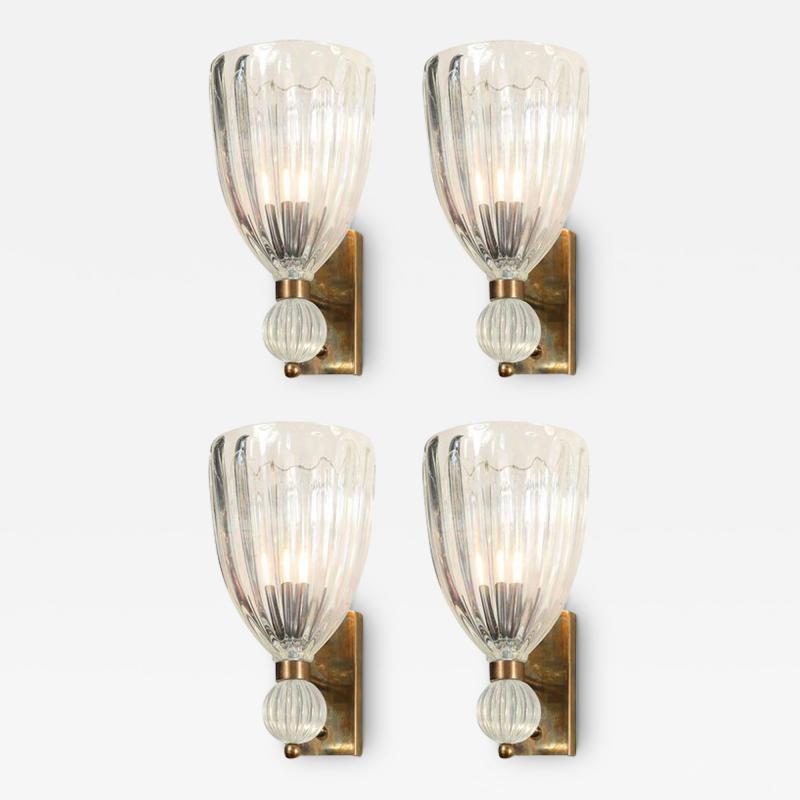 Set of Four Modernist Antique Brass Iridescent Murano Glass Orbital Drop Sconces