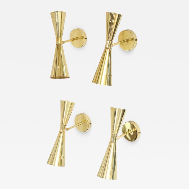 Set of Four Modernist Brass Double Cone Wall Lights or Sconces Italy 2022