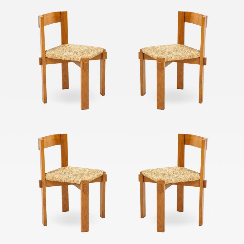 Set of Four Modernist Italian Oak and Straw Chairs