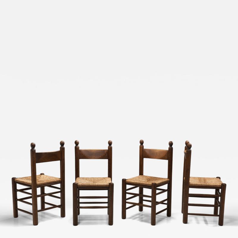 Set of Four Oak Dining Chairs with Rush Seats France 1960s
