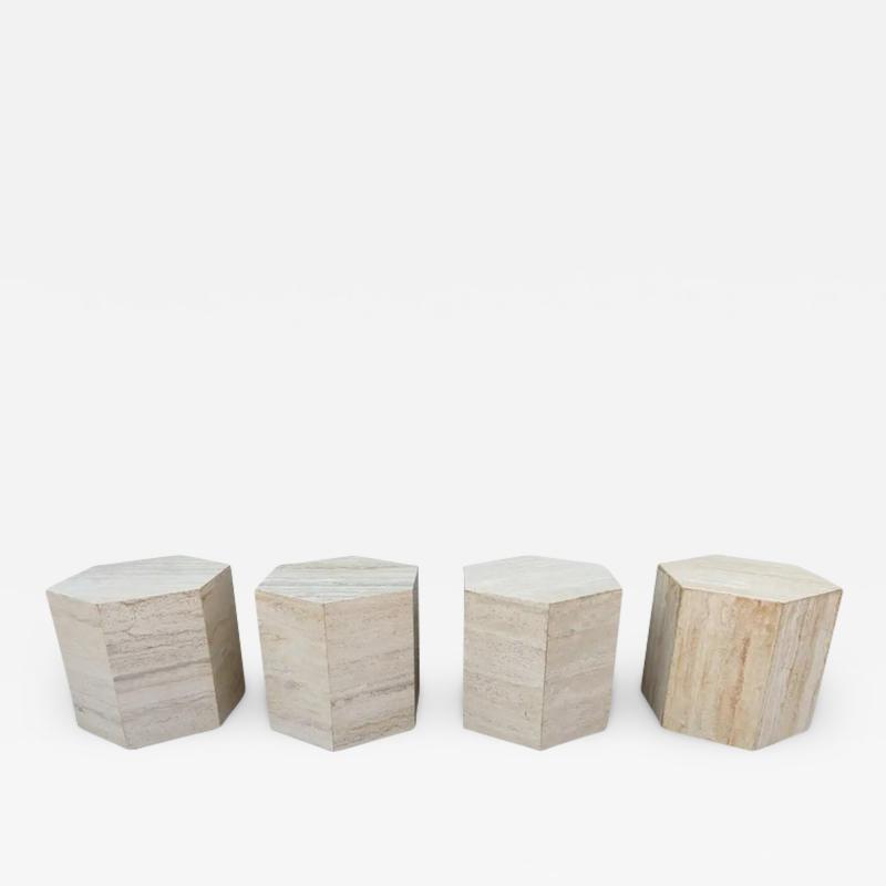 Set of Four Post Modern Italian Travertine Marble Hexagonal Side Tables 1970s