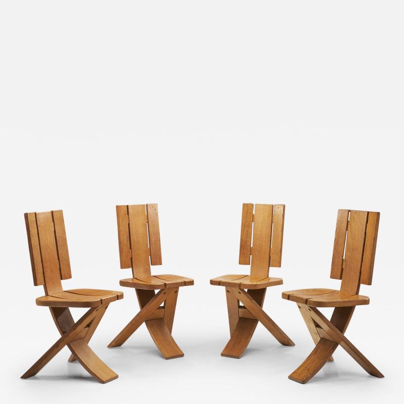Set of Four Sculptural Oak Tripod Chairs by Eb nisterie Seltz France 1970s