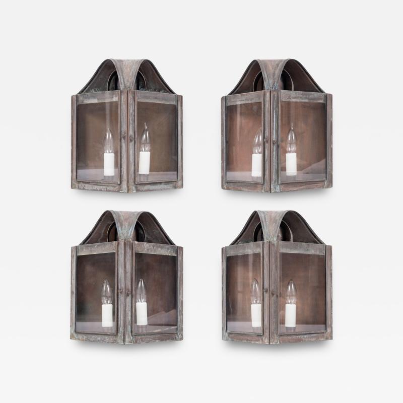 Set of Four Verdigris Green and Copper Wall Mounted Lanterns