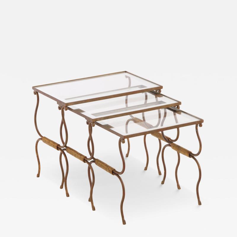 Set of French Gilt Iron Nesting Tables with Silvered Glass Tops C 1950