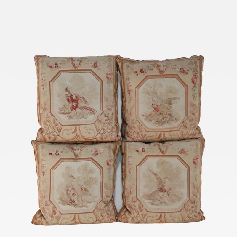 Set of French Victorian Beige Square Aubusson Bird Pillows