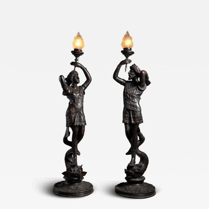 Set of Italian Bronze Floor Lamps with Figural Sculptures Early 20th Century
