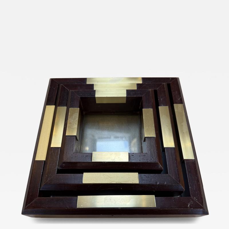 Set of Italian Wood and Brass Square Decorative Trays 1970s