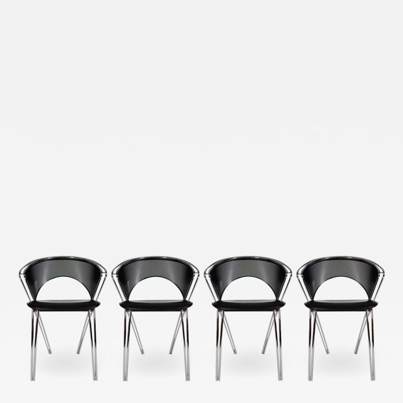 Set of Midcentury Italian Postmodern Black and Chrome Mesh Dining Chairs Set