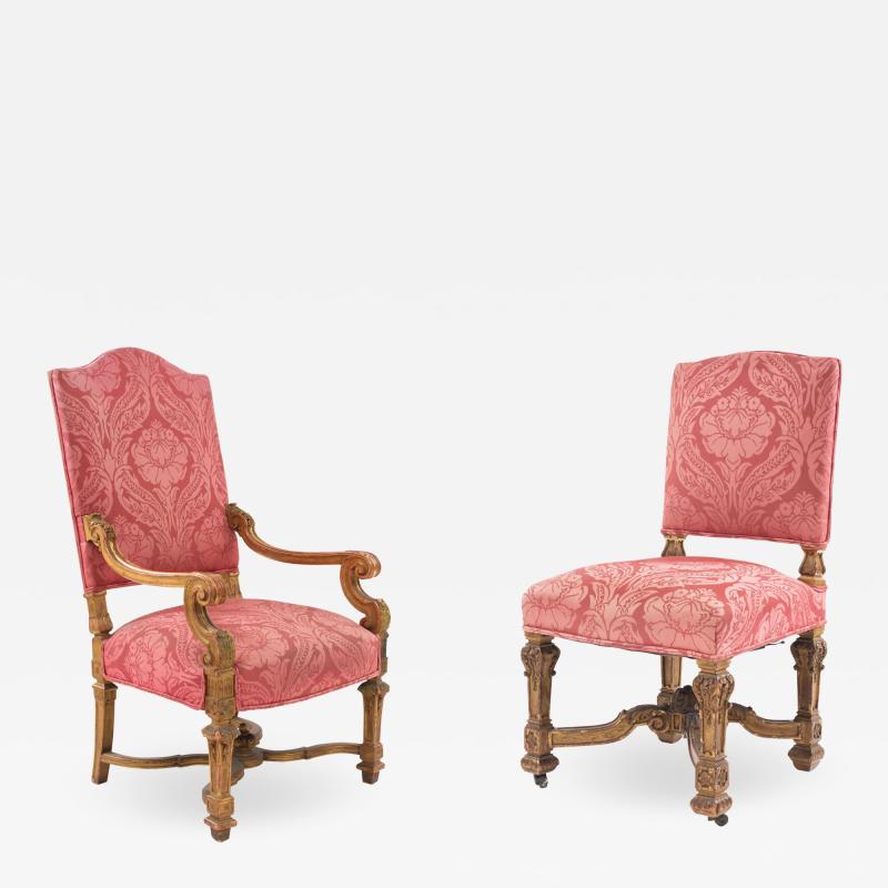 Set of Nine French Louis XIV Rose Upholstery Chairs