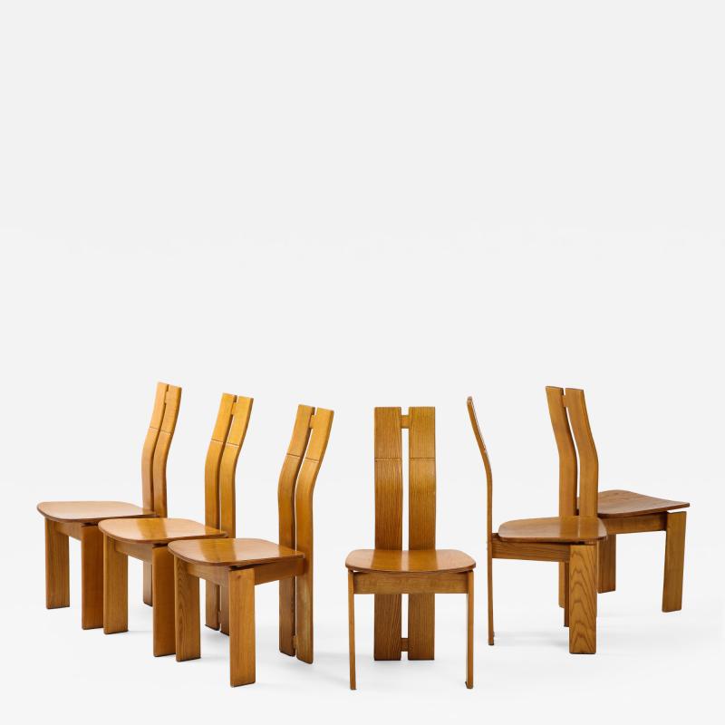Set of Six 1970s Organic Modernist Italian Oak Dining Chairs